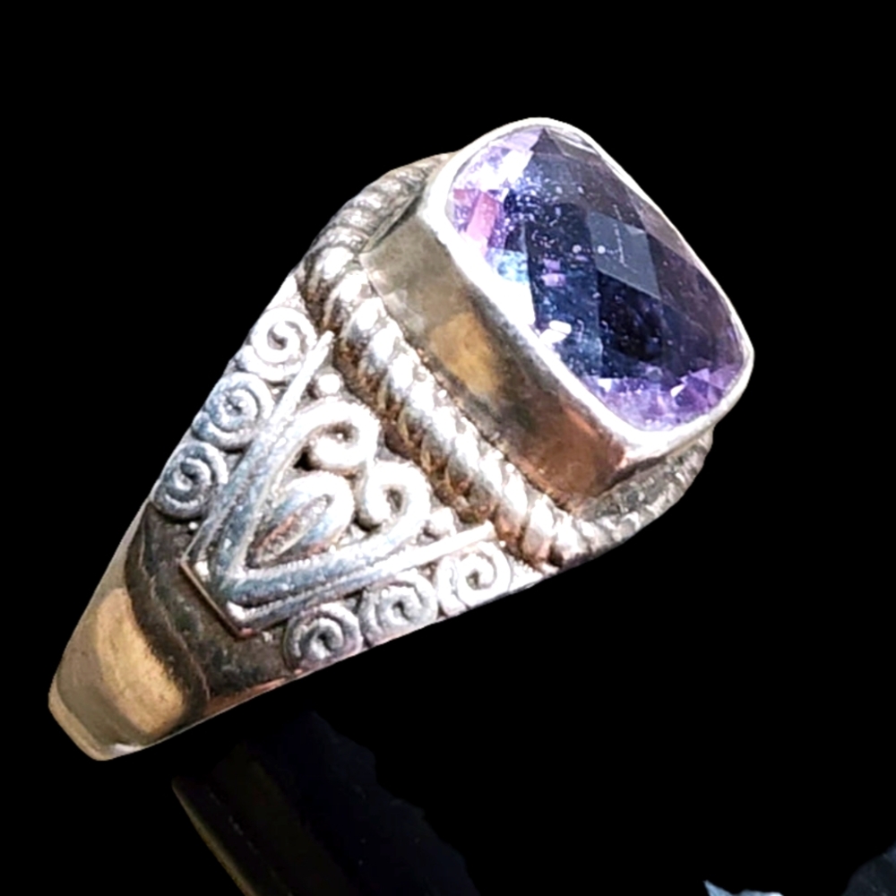 Vintage 925 Sterling Silver Amethyst Ring Size 8 Ornate Statement